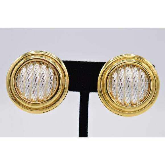 Givenchy Vintage Clip On Earrings Silver Gold Round Chunky Signed 1980s BinAA - Picture 1 of 12